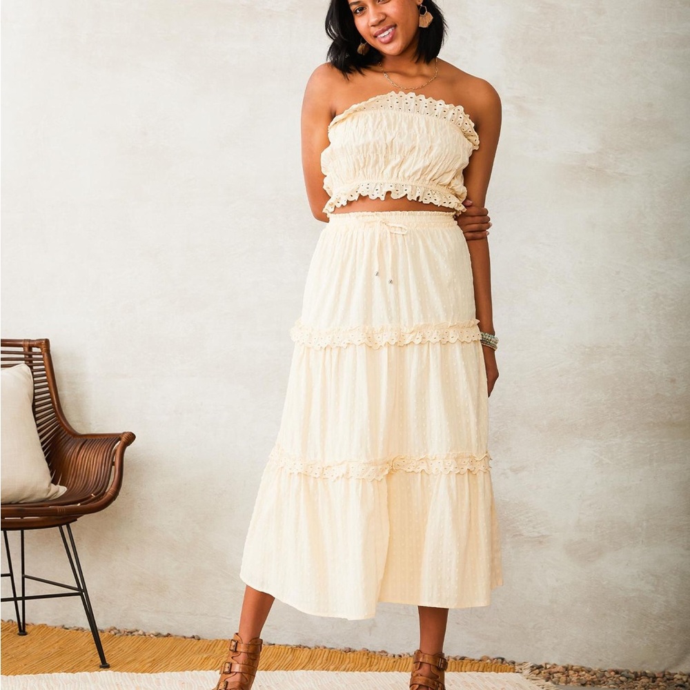 Cream Eyelet Trim Skirt and Tube Top